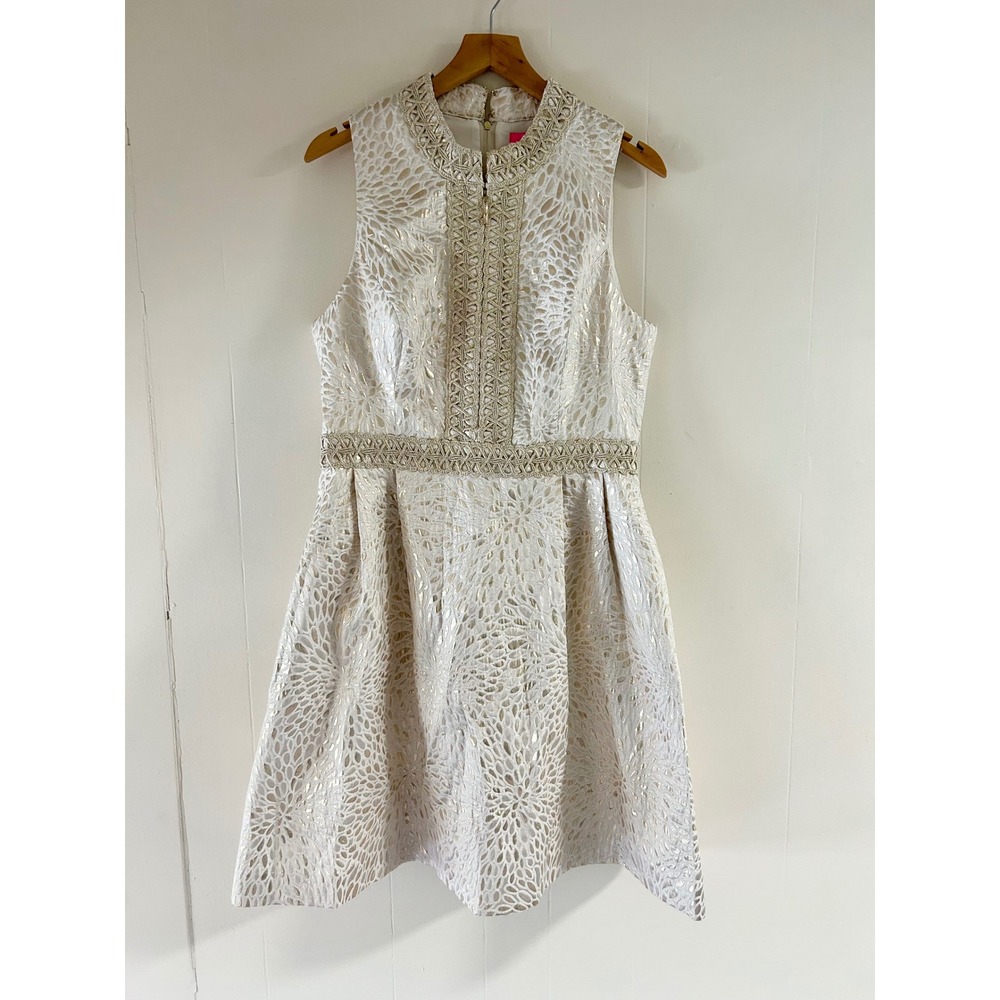 Lilly Pulitzer Franci Dress in Jacquard Gold Metallic Lagoon sz 10 - Picture 2 of 4